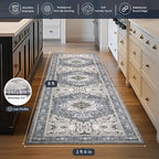 PURRUGS Vintage Farmhouse Boho Runner Rug 2'6" x 8', Non-Slip Machine Washable Rug, Accent Area Rug for Kitchen, Hallway, Entryway, Bedroom, Living Room and Dining Room, Periwinkle Gray/Soft Ivory
