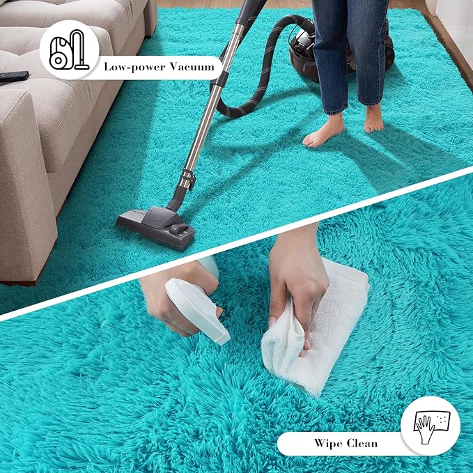 Teal Blue Rug Fluffy Rugs, 4x6 Teal Area Rugs for Bedroom, Soft Cute Baby Play Mat, Indoor Floor Carpet for Teen, Nursery, Preppy Dorm, Plush Aesthetic Bedside Rug