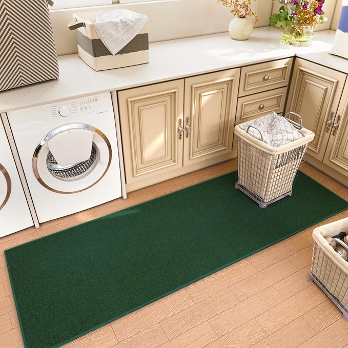 Runner Rug with Non Slip Rubber Backing, Washable Soft Floor Carpet for Kitchen, Hallway, Entryway Indoor, Bedroom, Laundry, Low Pile Area Rugs, Solid Color with Pointillism Style (Green, 2' * 8')