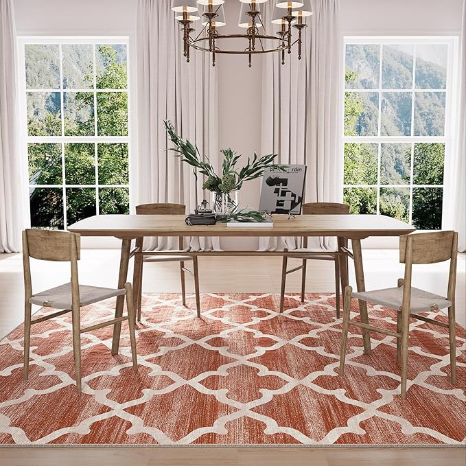 Area Rug 6x9, Moroccan Trellis Print Carpet, Machine Washable Non-Slip Rugs for Living Room, Bedroom, Dining Room & Entryway, Red