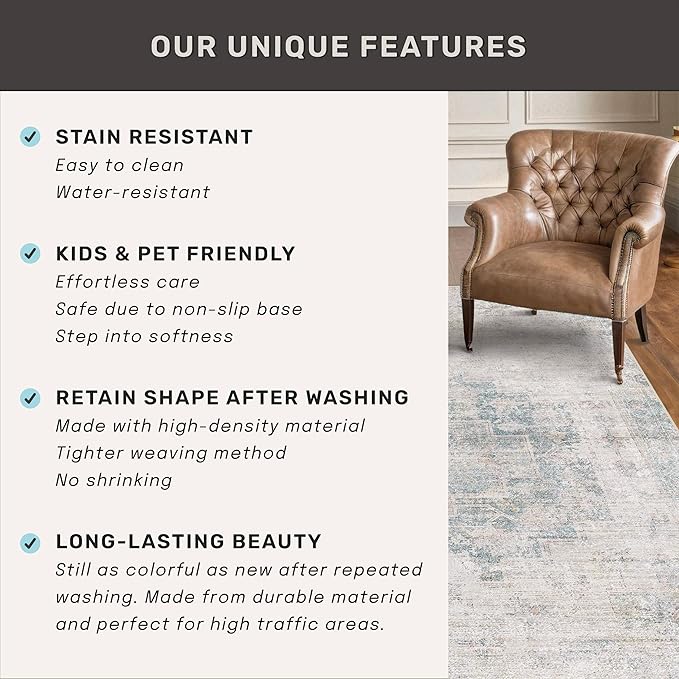 Modern Living Room Rug - 10x12 Large Area Rug for Dining Room Table, Classroom, Slate Blue Grey, Lightweight, Soft & Foldable