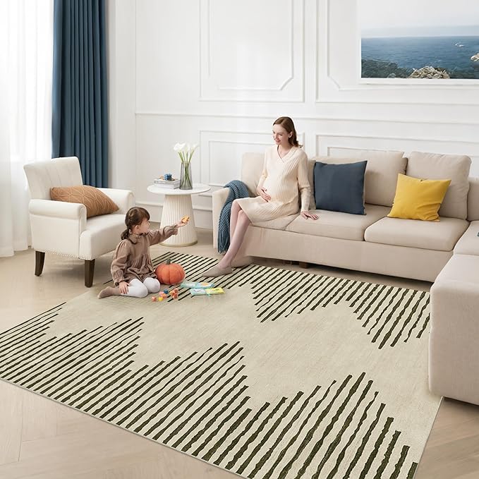 HelloTree Area Rug for Living Room 9x12 Washable Geometric Moroccan Rug Stripe Farmhouse Bohemian Minimalistic Non Slip Non Shedding Ultra Thin Soft Rug for Bedroom Office DiningRoom Nursery-Cream