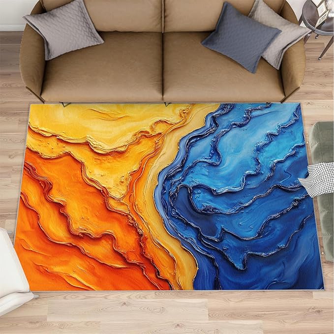 Navy Blue Rugs for Bedroom - 2x3 Area Rug - Abstract Blue Orange Rugs for Living Room, Modern Simple Art Rug, Washable Home Decor Carpet
