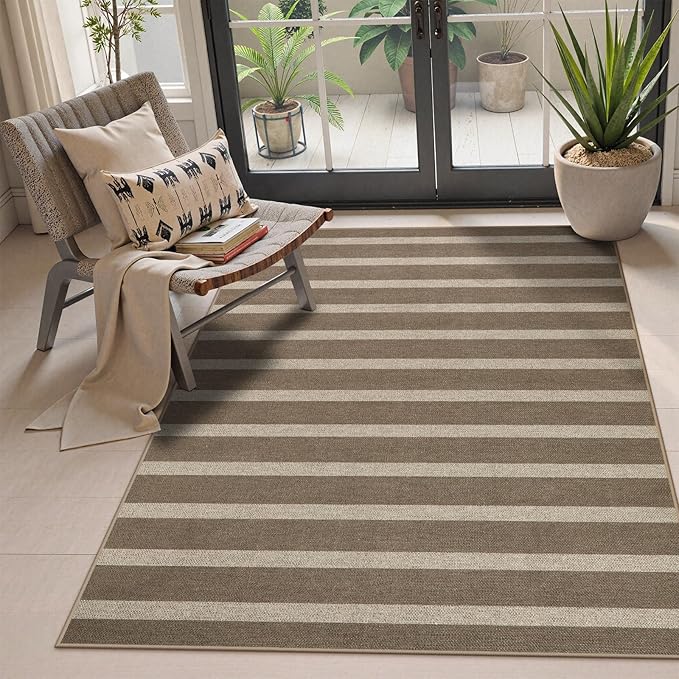 Lahome Striped Easy Jute Rug, 3x5 Outdoor Patio Porch Rug Washable Rugs for Entryway, Indoor Outdoor Living Room Carpets, Farmhouse Neutral Non Slip Carpet for Backyard Bedroom RV, Khaki