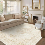 5x7 Vintage Washable Area Rugs Boho Medallion Large Distressed Retro Accent Carpet Floral Non-Slip Soft Low Pile Indoor Throw Rug for Living Room Bedroom Dining Room Office Kitchen, Beige