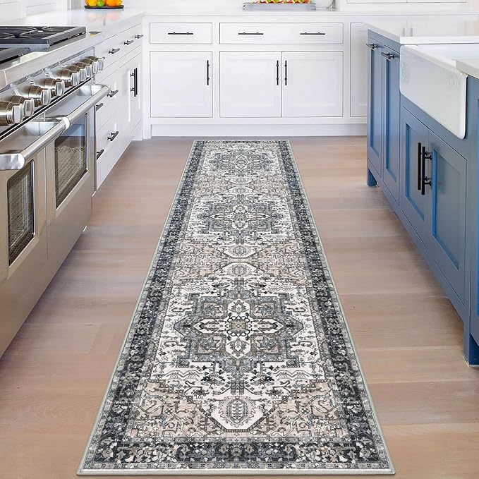 KOZYFLY Runners for Hallways 2x8 Ft Washable Kitchen Runner Rug Boho Entry Rug for Hallways Indoor Printed Faux Wool Long Floor Carpet for Entryway Bedroom Kitchen Hallway Use, Black/Taupe/Beige