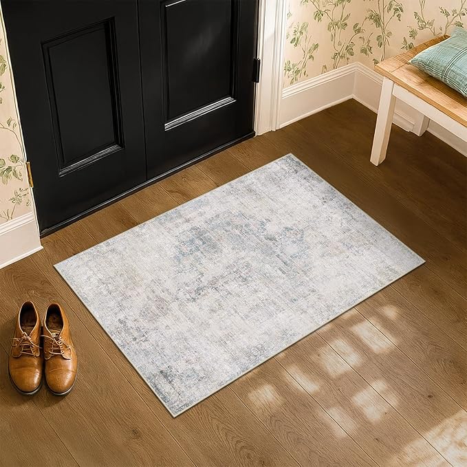 Blue and Gray 2x3 Washable Rug for Entryway Indoor, Kitchen Floor Waterproof, Bathroom, Powder Room, Non Slip Low Pile Stain & Fade Resistant Small Throw Rug, Modern Abstract Decor