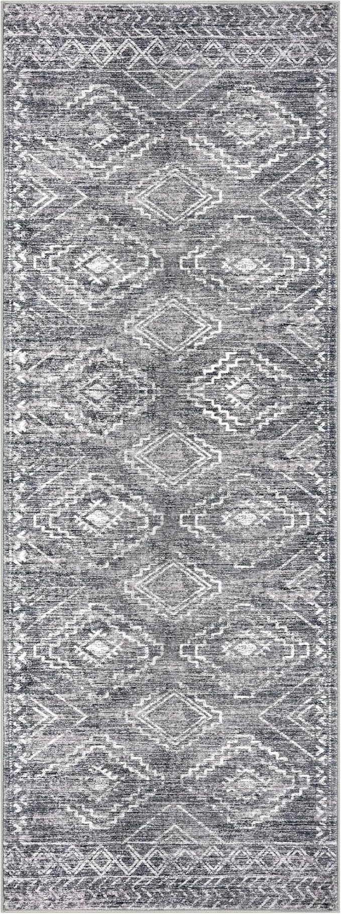 KILOCOCO Hallway Runner Rug 3'x8' Runners for Hallways Washable Runner Rug Non Slip Rubber Backed Low-Pile Runners for Bedroom Kitchen Living Room Laundry Room Boho Rugs, Grey