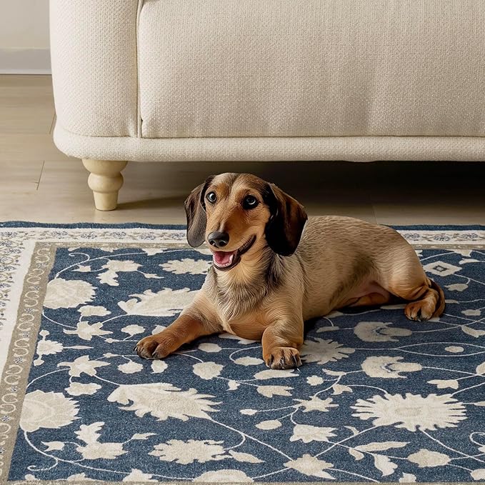 EVERGRACE Area Rugs for Living Room 9x12, Boho Floral Faux Wool Indoor Outdoor Rugs, Washable Rugs for Bedroom Dining Room Entryway Kitchen, Low Pile Floor Mat Carpet for Home Decor, Navy Blue