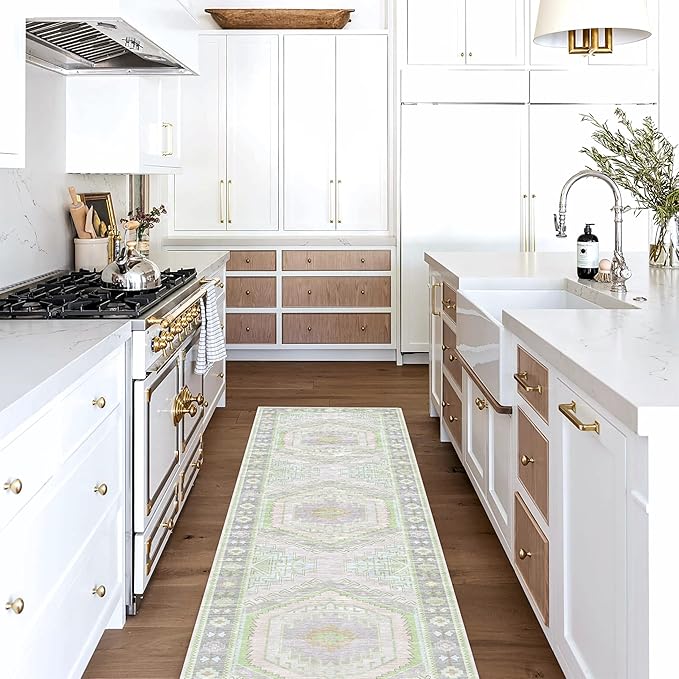 Fame Living Washable Area Rug. Modern Farmhouse. Vintage. Turkish. Bohemian. Distressed. Oriental. Traditional. Rugs for Living Room. Dining. Bedroom. Office. Entryway. Foyer. (856GrnCrm, 2'5" x 9'8")