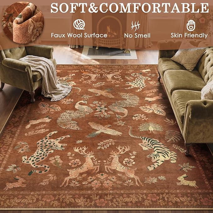 Moynesa Orange 5x7 Bedroom Rugs, Vintage Peacock Floral Washable Area Rugs for Living Room Dining Room Office Study, Low Pile Soft Non-Slip Water Repellent Carpets for Fall Winter Home Decor