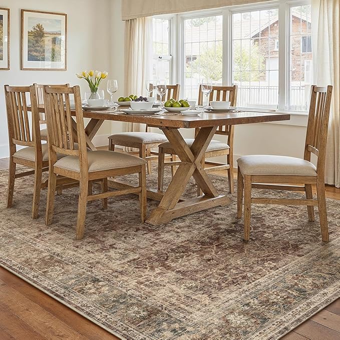 8x10 Washable Area Rug for Living Room Bedroom Rust Vintage Distressed Rustic Large Carpet Non-Slip Low Pile Lightweight Vacuumable Soft Throw Rug for Indoor Dining Room