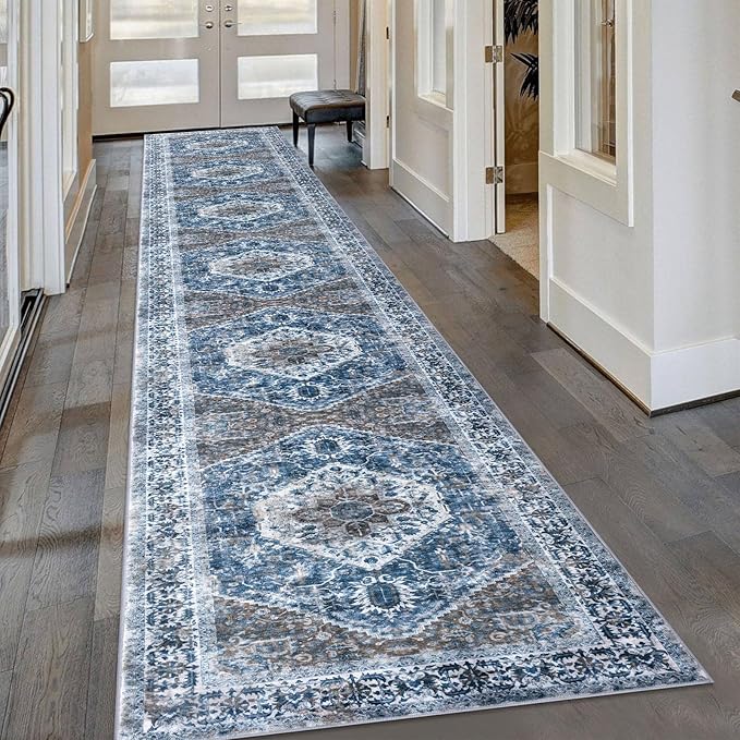 KOZYFLY Runners for Hallways 2.6x16 Ft Extra Long Washable Kitchen Runner Rug Boho Runner Rug for Entryway Indoor Blue Printed Oriental Faux Wool Stair Floor Carpet Runner for Stair Kitchen Hall