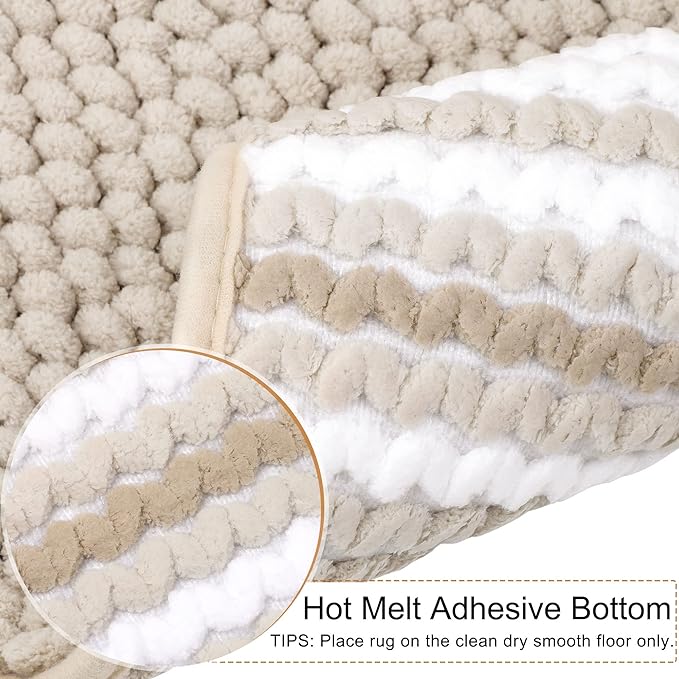 PiccoCasa Chenille Bathroom Rug, Soft Fluffy Absorbent Bath Mat, Medium Pile Striped Carpet Washable Non Slip Bathroom Floor Mats(20"x32",Khaki & White)
