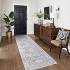 Bavni Washable Runner Rug 2’6”x10, Non Slip Vintage Hallway Runner, Ultra Thin Low Pile Washable Carpet for Kitchen Entryway Bedroom, Grey