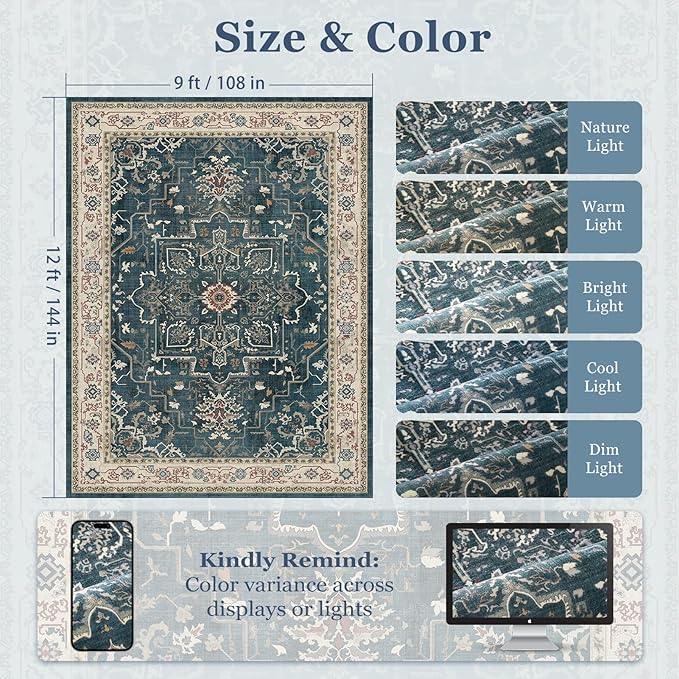 Large Vintage Area Rugs 9x12 for Living Room, Dark Distressed Medallion Printed Big Carpet Rugs for Bedroom, Washable Non Slip Low Pile Thin Rugs for Dining Room, Deep Blue/Multi