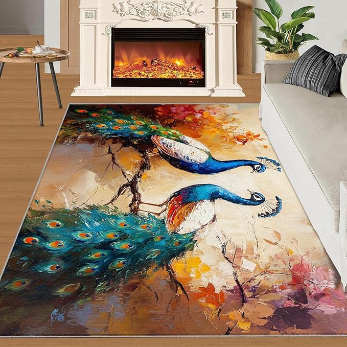 Peacock Rug 5x7-5x7 Rug, Classic Peafowl Floral Area Rugs for Bedroom, Peacock Couples Rugs for Living Room, Oil Painting Art Washable Mat, Aesthetics Carpet - Peafowl Home Decor & Gifts