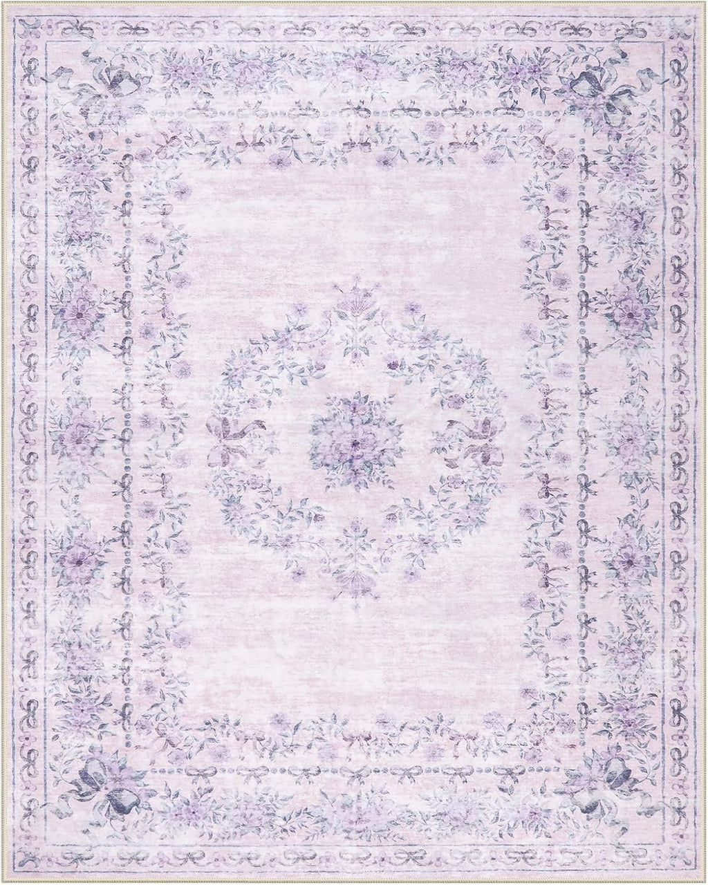 Wonnitar Floral Print 8x10 Washable Rug, Purple Bow Room Decor for Girls Bedroom, Ultra-Thin Non Slip Soft 8 x 10 Large Boho Carpet for Living Room Baby Nursery Kids Playroom