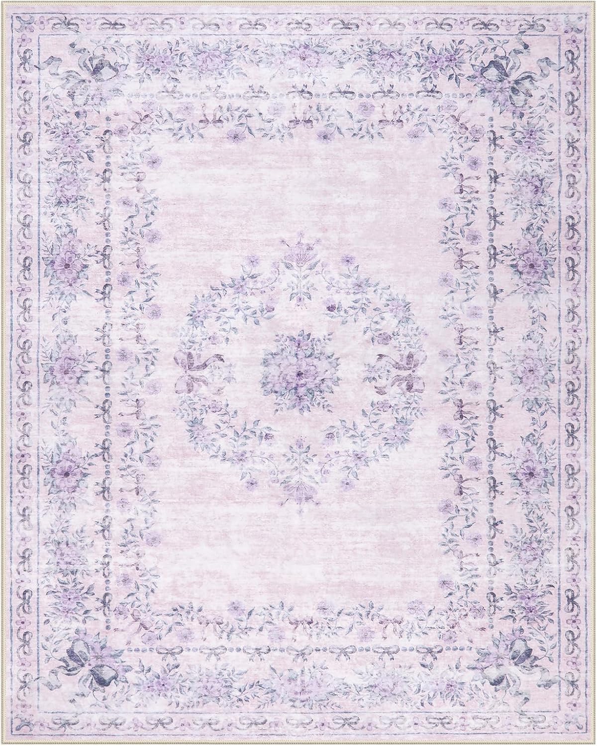 Wonnitar Floral Print 8x10 Washable Rug, Purple Bow Room Decor for Girls Bedroom, Ultra-Thin Non Slip Soft 8 x 10 Large Boho Carpet for Living Room Baby Nursery Kids Playroom