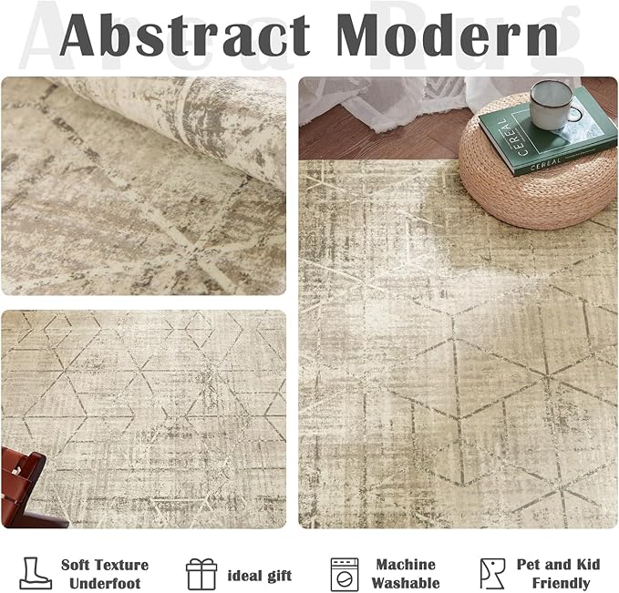 jinchan 3x5 Area Rugs for Entryway - Machine Washable Modern Rug Kitchen Soft Faux Wool Stain Resistant Non-Slip Ultra-Thin Low-Pile Geometric Carpet for Entrance Bedroom Living Room (3x5ft, Taupe)