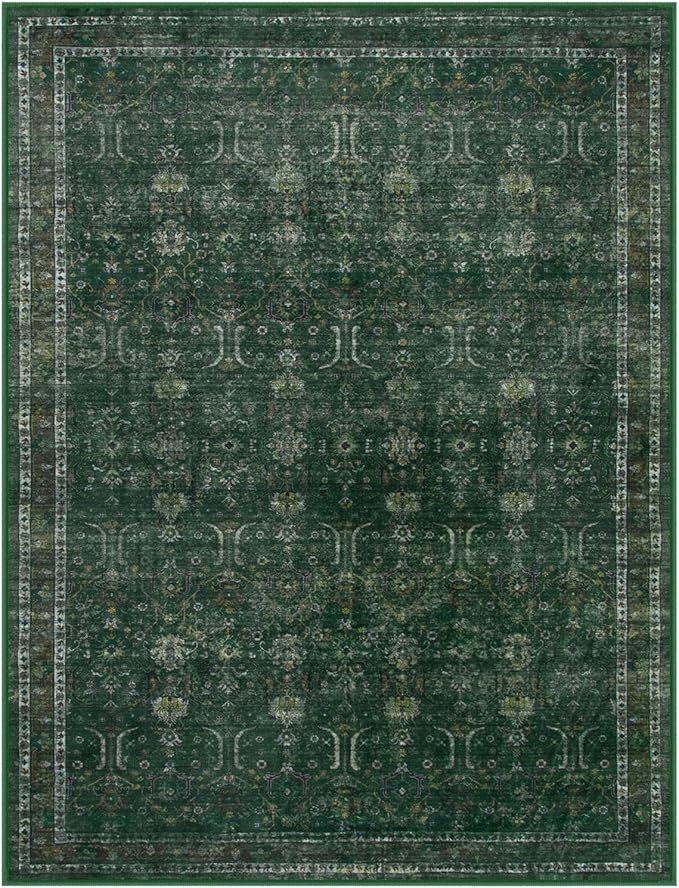 Moynesa Green 8x10 Living Room Rug, Vintage Washable Area Rug for Bedroom Dining Room Office, Low Pile Soft Non-Slip Retro Accent Carpets for Kitchen Indoor Nursery