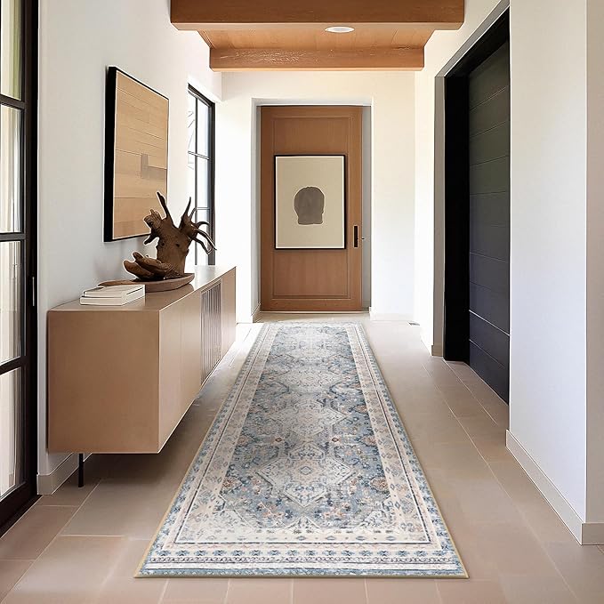Phantoscope Washable Runner Rug 2'x8' Non-Slip, Vintage Neutral Hallway Rugs for Entryway, Stair, Bedroom, Distressed Boho Geometric Medallion Pattern, Low-Pile Foldable Carpet, Dusty Blue/Multi