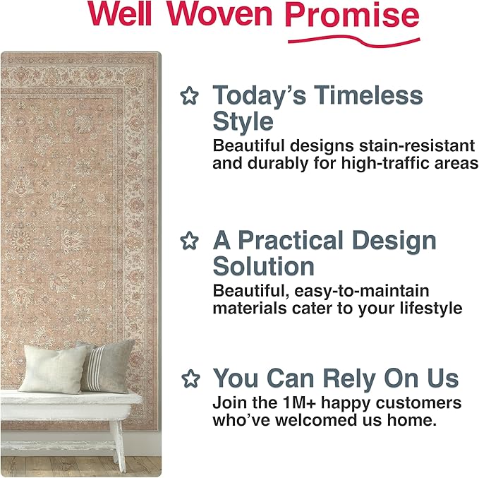 Well Woven Asha Rome Beige Cream 2'3" x 7'3" Runner Rug - Oriental Floral Pattern, Easy Clean, Floor-Friendly Backing - for Hallway, Entryway, and Kitchen