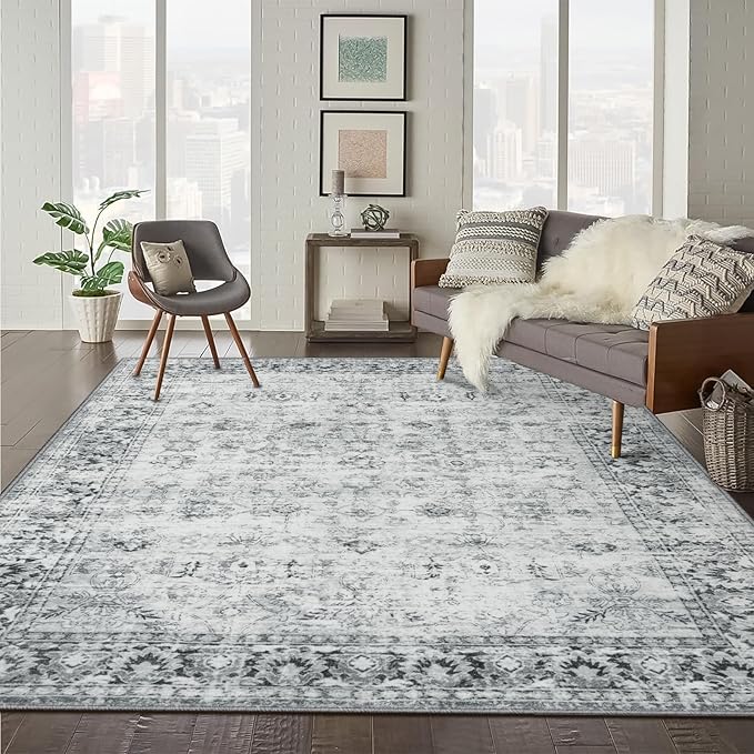 LIVEBOX Washable 9x12 Area Rug for Living Room, Large Grey Neutral Boho Floral, Soft Anti-Skid Thin, Vintage Faux Wool for Office, Bedroom, Dining Room