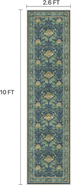 Bavni 2'6''x10 Runner Rug,Microfiber Washable Non-Slip Vintage Floral Rugs,Low Pile Lightweight Carpet for Bedroom,Hallway,Entryway,Kitchen,Bathroom, Tea Green/Blue
