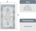 Bavni 3x5 Area Rug for Living Room Bedroom, Washable Boho Print Vintage Aesthetic Rug, Ultra-Thin Low Pile Rugs for Entryway Playroom with Non Slip Backing, Light Blue