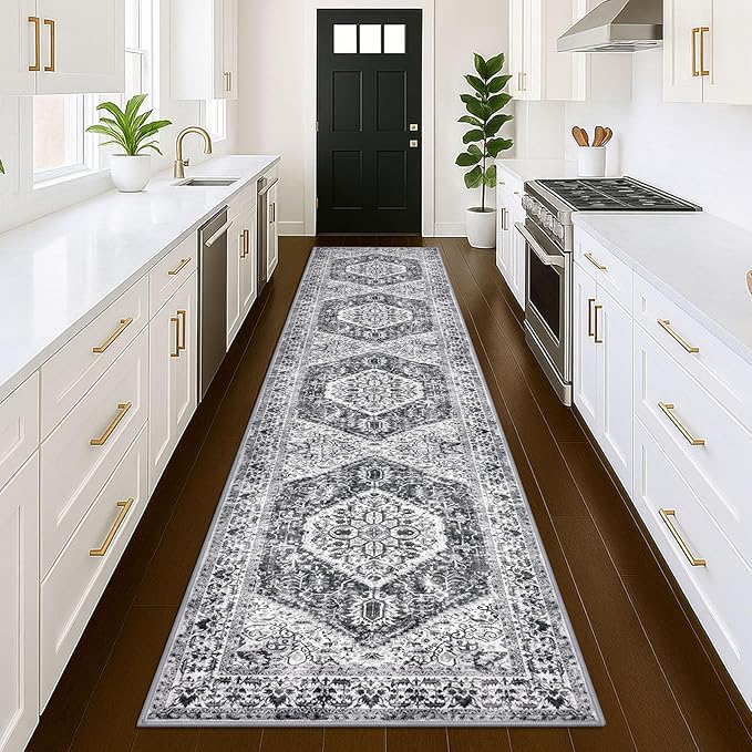 KOZYFLY Runners for Hallways 3x12 Ft Extra Long Washable Kitchen Thin Runner Boho Runner Rug for Entryway Indoor Printed Faux Wool Stair Runner Floor Carpet for Stair Kitchen Hall, Grey