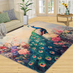 Peacock Peony Rug 6x8-6x8 Rug, Classic Peacock Peony Area Rugs for Bedroom, Teal Turquoise Rugs for Living Room, Peafowl Washable Mat, Malachite Green Feather Carpet - Peafowl Home Decor & Gifts