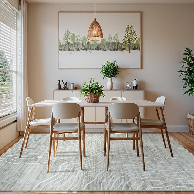 LIVEBOX Machine Washable Modern Abstract 6x9 Area Rug Clearance, Non Slip Large Bedroom Living Room Nursery Girl Rug Minimalist Wave Striped Neutral Boys Rug, Carpet for Playroom(Beige,6'x9')