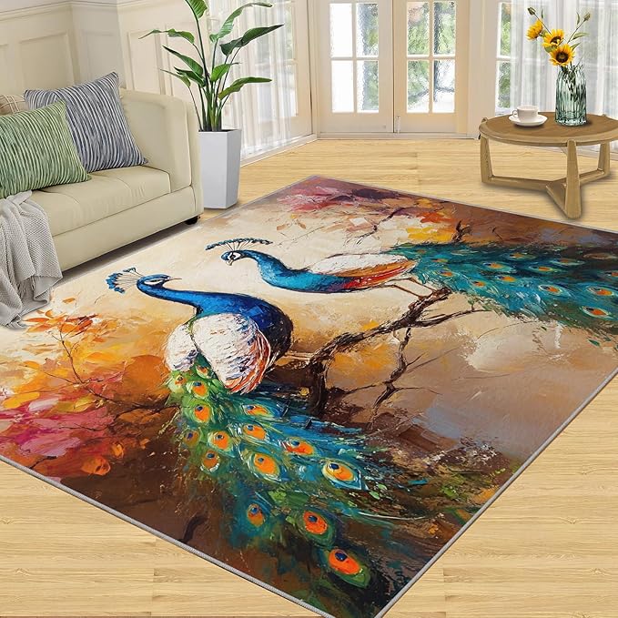 Peacock Rug 4x5-4x5 Rug, Classic Peafowl Floral Area Rugs for Bedroom, Peacock Couples Rugs for Living Room, Oil Painting Art Washable Mat, Aesthetics Carpet - Peafowl Home Decor & Gifts