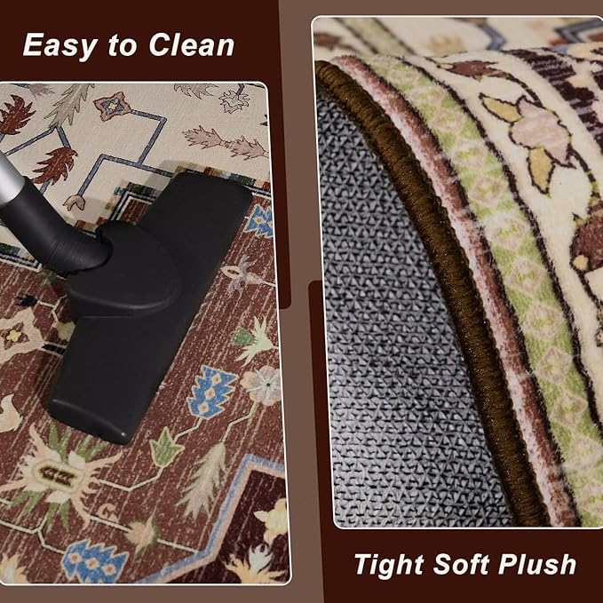 4x6 Mousse Brown Area Rug for Living Room, Machine Washable Rugs with Non-Slip Backing for Bedroom, Vintage Medallion Carpet Kitchen Laundry Kids Room Decor