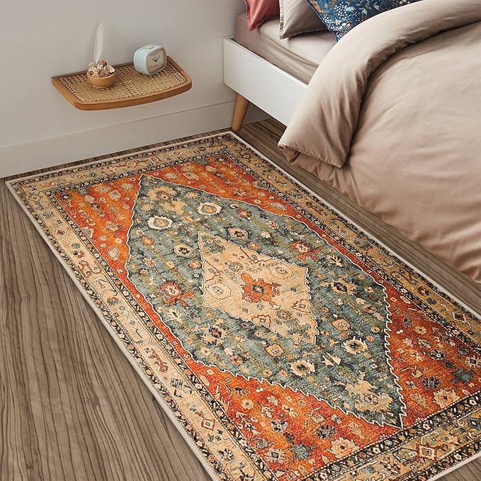 COMSLE Boho Area Rug, 3' x 5' Machine Washable Rugs for Entryway Faux Wool Large Rugs Distressed Throw Rug Non-Slip Floor Carpet for Indoor Bedroom Kitchen Living Room