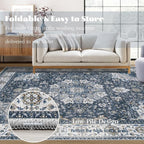 Area Rug 5x7 Washable Rug, Vintage Boho Medallion Rugs Non-Slip Soft Low Pile Large Distressed Rug Indoor Retro Carpet for Living Room Bedroom Dining Room Home Office (Vintage Blue, 5'x7')