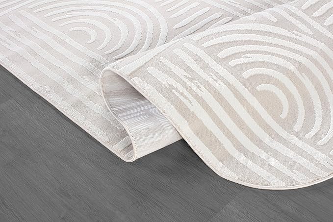 Beverly Rug Modern Geometric Area Rug 8x10 Low-High Pile Durable Soft Abstract Curved Indoor Rugs for Living Dining Room Office Stain Resistant Non Shedding Casual Indoor Carpet Beige White 8 x 10
