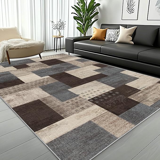 Modern Geometric Patchwork Indoor Area Rug for Living Room, Blue-Taupe 6'x 9' Large Rug Rockwood Collection Hardwood Floors Decor for Bedroom, Blue Throw Carpet for Office Entryway Dining Room
