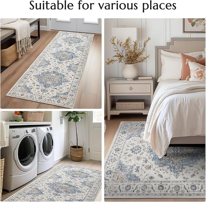 jinchan Area Rug 5x7 Vintage Washable Bedroom Rug Floral Medallion Lightweight Non Slip Thin Retro Classic Soft Boho Floor Cover Farmhouse Carpet for Living Room Dining Room Kitchen Blue