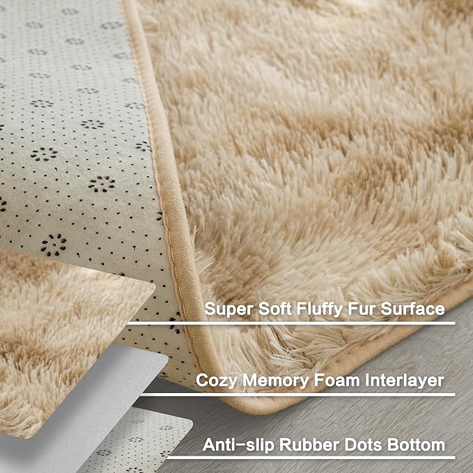 Andency Soft Area Rugs for Living Room Bedroom, 3x5 Non-Slip Fluffy Shag Carpet, Indoor Floor Fuzzy Shaggy Living Room Plush Rug for Kids Dorm Nursery Home Decor Aesthetic, Tie-Dyed Khaki