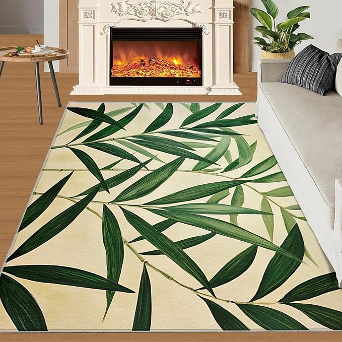 3x4 Bamboo Leaves Rugs for Entryway - Realistic Botanical Art Kids Bedroom Rug, Minimalist Leaves Mudroom Rug Soft for Coffee Shop Living Room Under Table Game Room