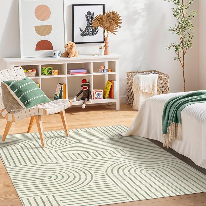 Washable 4x6 Area Rug - Boho Living Room Rug Soft Modern Rugs for Bedroom Ultra-Thin Sage Green Abstract Rainbow Dining Room Rugs Indoor Carpet for Living Room Nursery Room