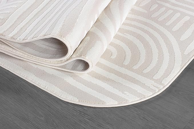 Beverly Rug Modern Geometric Area Rug 9x12 Low-High Pile Durable Soft Abstract Curved Indoor Rugs for Living Dining Room Office Stain Resistant Non Shedding Casual Indoor Carpet Beige White 9 x 12