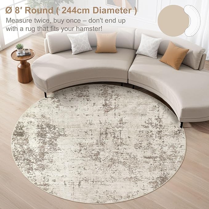 8ft Round Area Rug Living Room Rugs - 8x8 Washable Neutral Modern Abstract Soft Thin Rug Indoor Floor No Slip Rug Carpet for Bedroom Under Dining Table Home Office Decor - Golden Grey