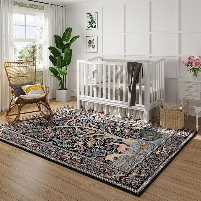Rugcomf 3x5 Rug Vibrant Tree of Life-Patterned Vintage Non Slip Low Pile Small Carpet for Bedroom Bedside Kitchen Entryway Kids Room Office College Dorm Essentials for Girls, Black