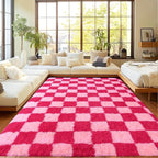 Area Rugs for Living Room, Soft Shaggy Carpets for Living Room, Fuzzy Rugs for Kids' Room, Perfect Decor for Modern Home Hot Pink Grid 5x7 Feet