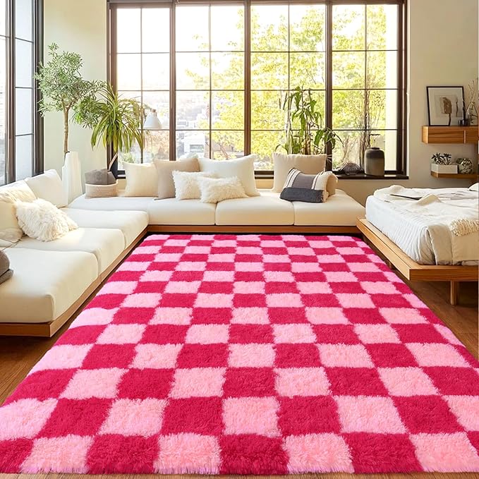 Area Rugs for Living Room, Soft Shaggy Carpets for Living Room, Fuzzy Rugs for Kids' Room, Perfect Decor for Modern Home Hot Pink Grid 8x10 Feet