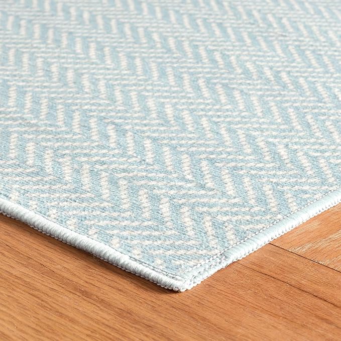 Dash & Albert Herringbone Navy Machine Washable Rug, 7.5 X 9.5 Feet, Blue Geometric Pattern