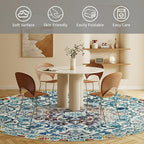 Easy-Going Round Rug 5ft Area Rug Washable Boho Circle Rugs for Living Room Non-Slip Bedroom Rug Low Pile Lightweight Medallion Distressed Throw Rug for Dining Room Kitchen Office, Vintage Multi